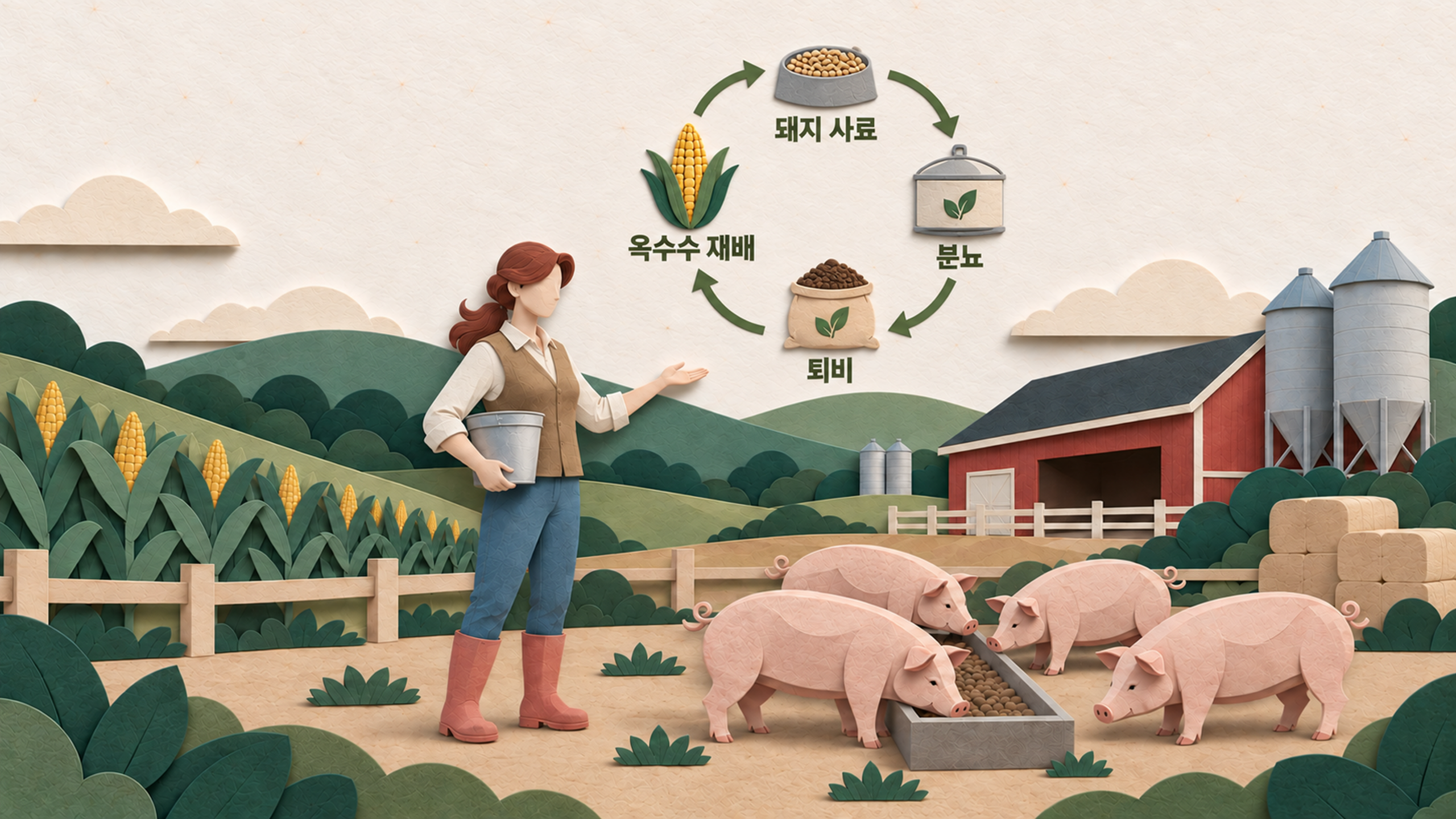 해 뜰 무렵의 옥수수 밭 — 콘 벨트에서 수확한 옥수수가 돼지 사료가 된다